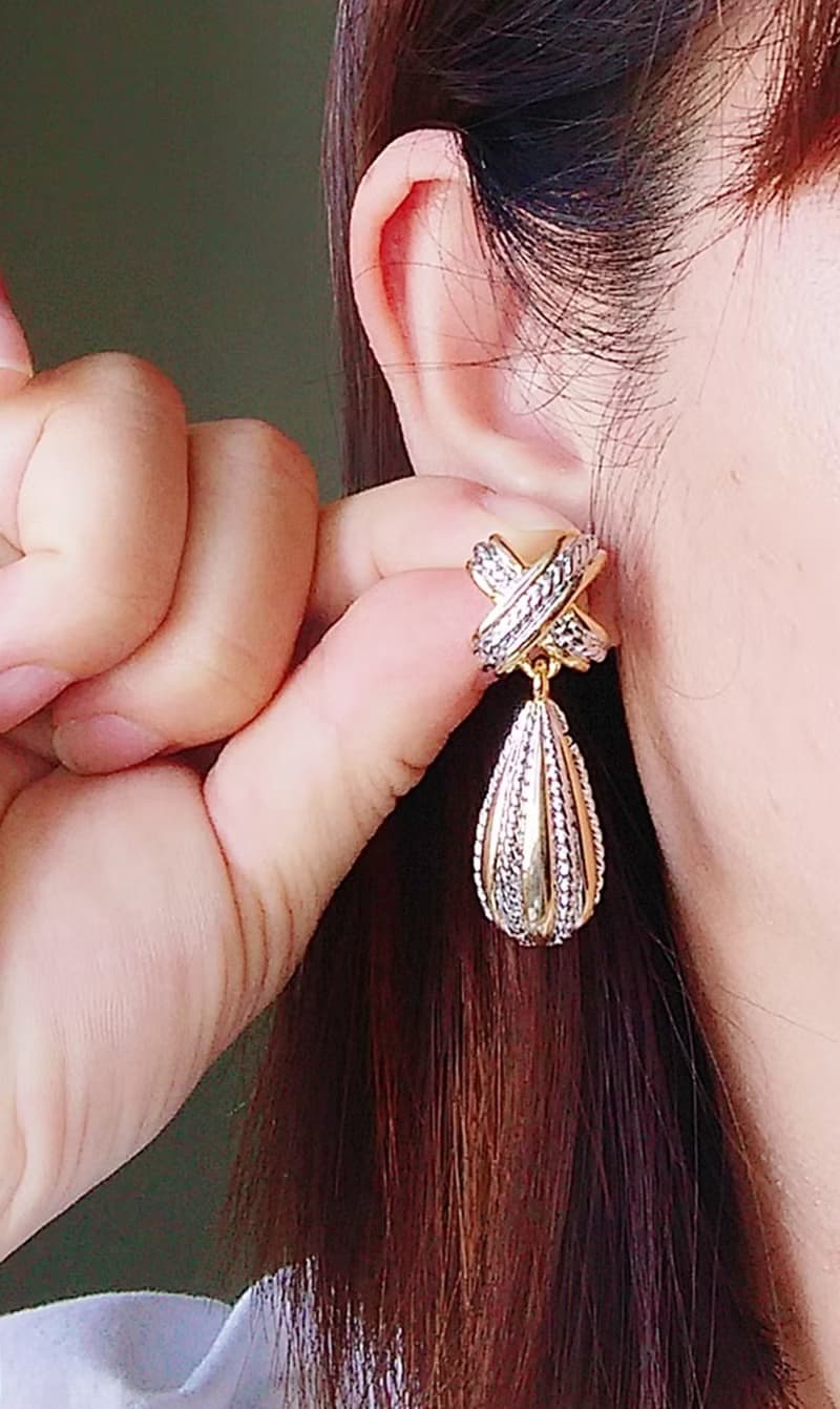Vintage Jewelry 西洋古董飾品 金銀雙色調 厚實 長水滴 針式耳環