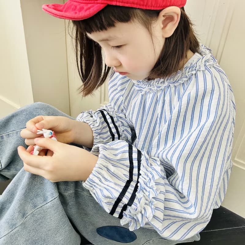 藍色條紋花邊領純棉上衣 / 童裝