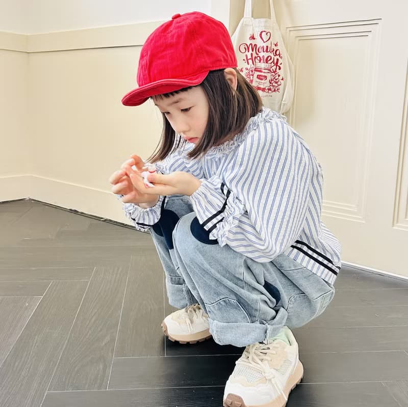 藍色條紋花邊領純棉上衣 / 童裝