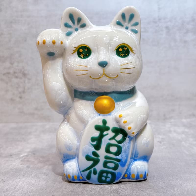 【青白聚福】日本清水燒招財貓 | 花結晶 青白 - 招福 右