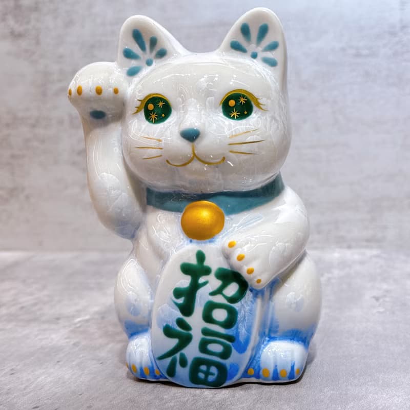 【青白聚福】日本清水燒招財貓 | 花結晶 青白 - 招福 右
