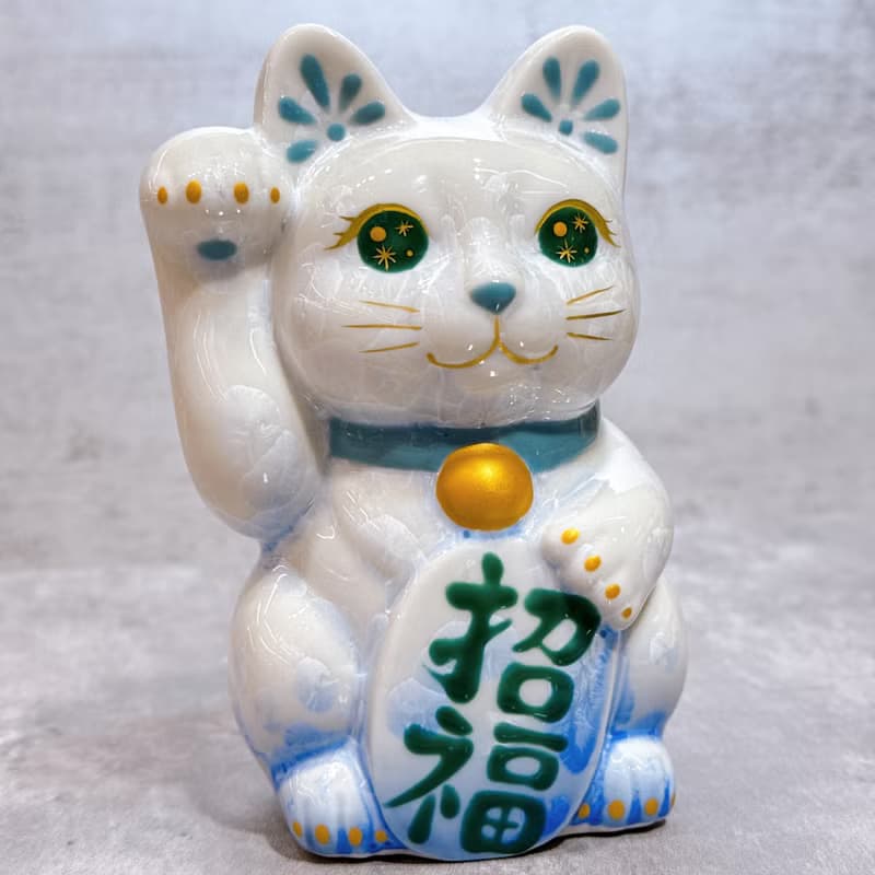 【青白聚福】日本清水燒招財貓 | 花結晶 青白 - 招福 右
