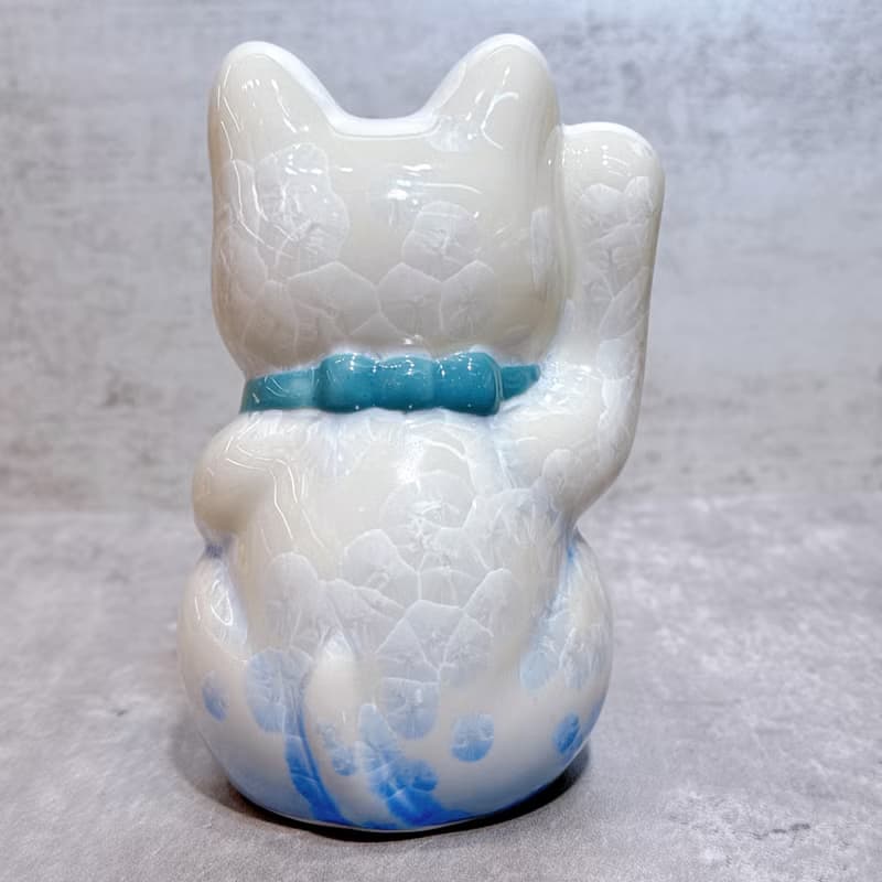 【青白聚福】日本清水燒招財貓 | 花結晶 青白 - 招福 右