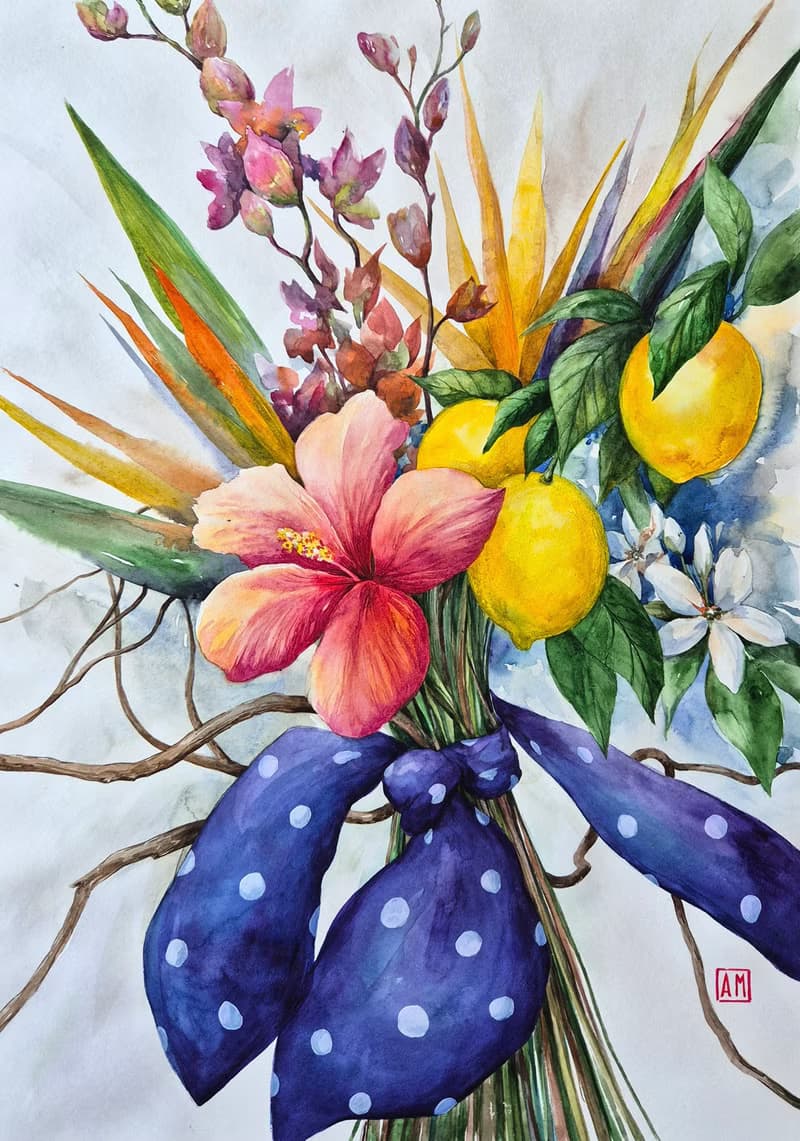 Watercolor bouquet of tropical flowers and lemons
