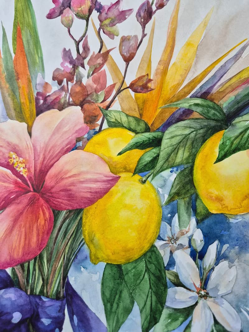 Watercolor bouquet of tropical flowers and lemons