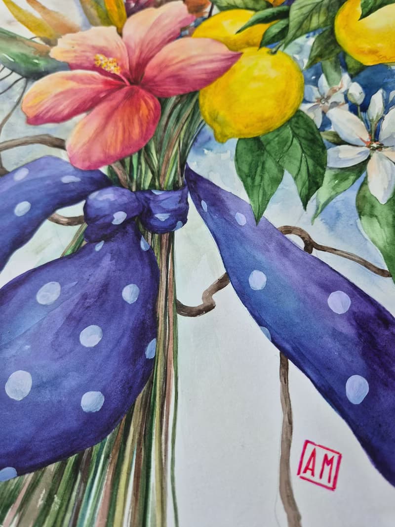 Watercolor bouquet of tropical flowers and lemons