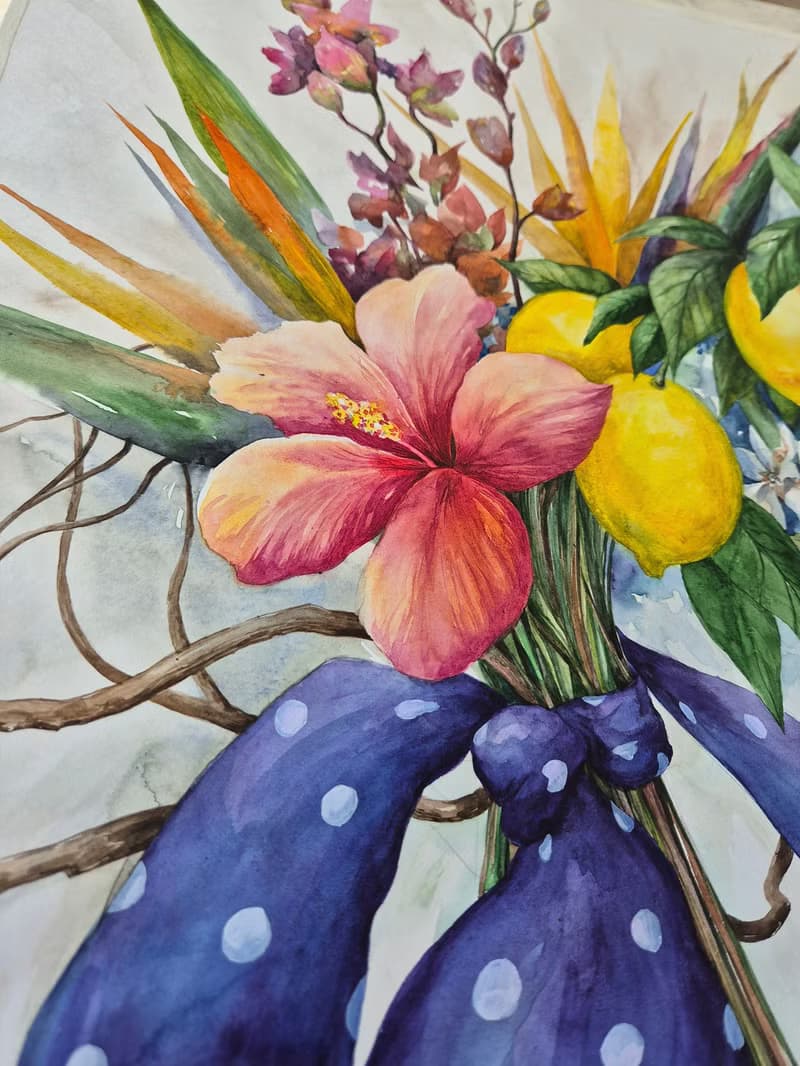 Watercolor bouquet of tropical flowers and lemons