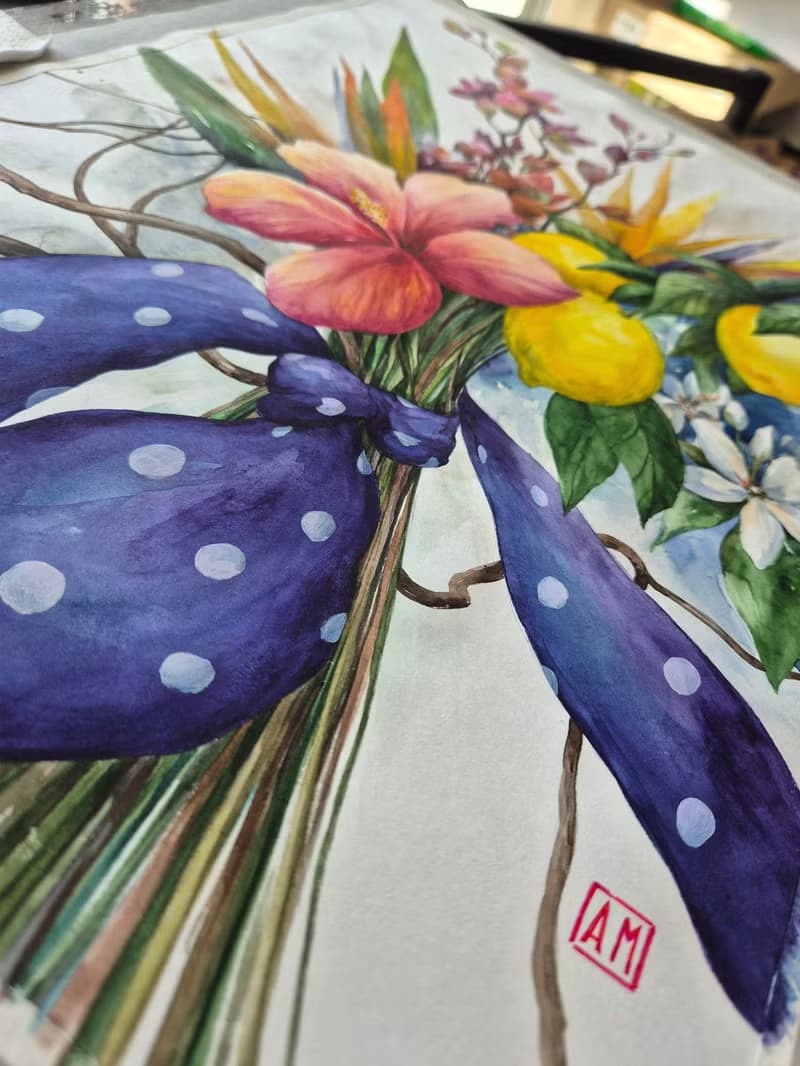 Watercolor bouquet of tropical flowers and lemons