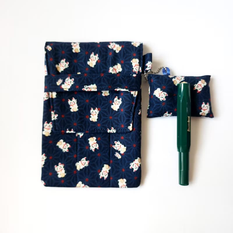 3枝裝鋼筆筆套, 和風布筆袋--深藍色日本招財貓