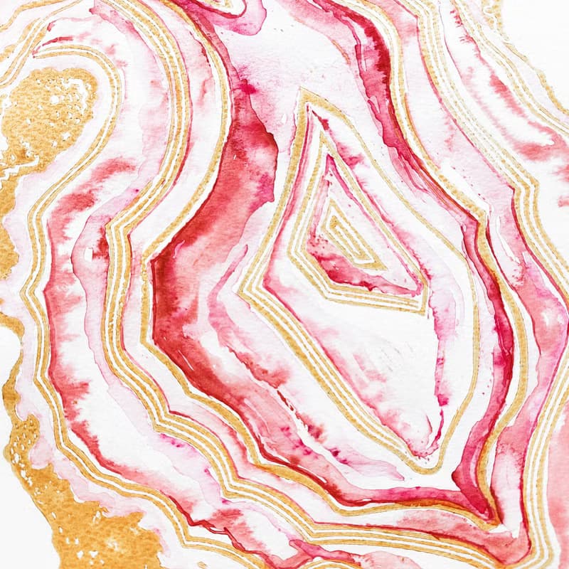 粉紅色 geode Linocut 打印水彩畫原創藝術品瑪瑙牆藝術