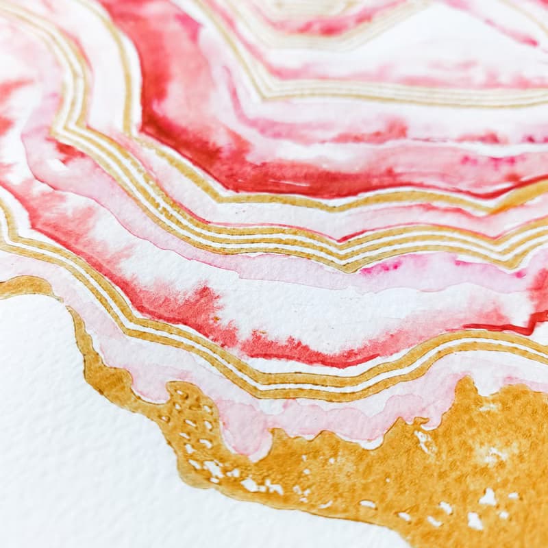粉紅色 geode Linocut 打印水彩畫原創藝術品瑪瑙牆藝術