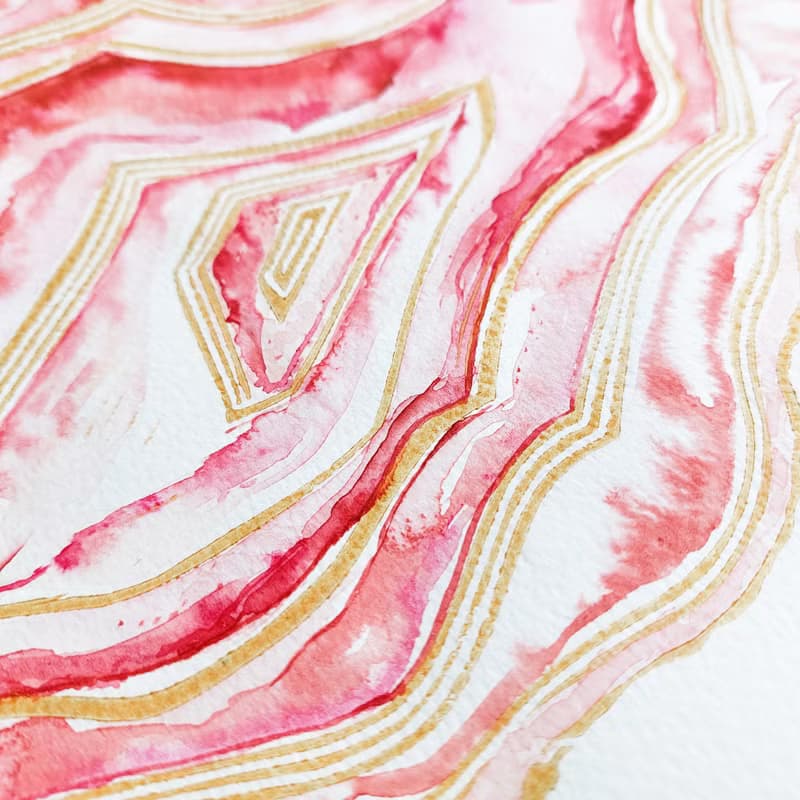 粉紅色 geode Linocut 打印水彩畫原創藝術品瑪瑙牆藝術