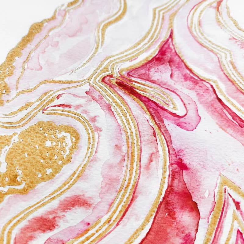 粉紅色 geode Linocut 打印水彩畫原創藝術品瑪瑙牆藝術