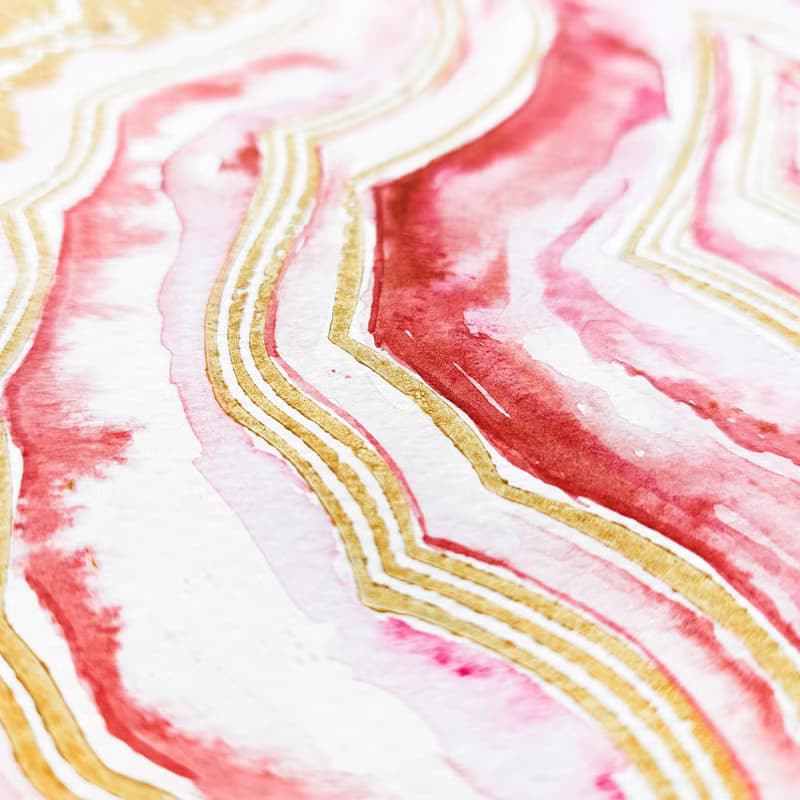 粉紅色 geode Linocut 打印水彩畫原創藝術品瑪瑙牆藝術