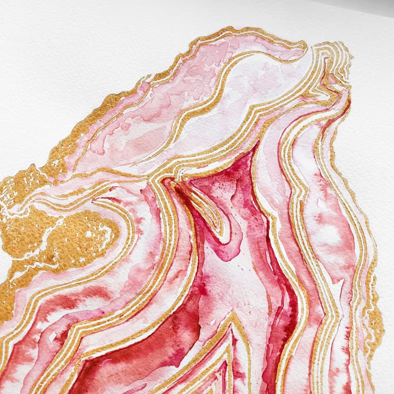 粉紅色 geode Linocut 打印水彩畫原創藝術品瑪瑙牆藝術