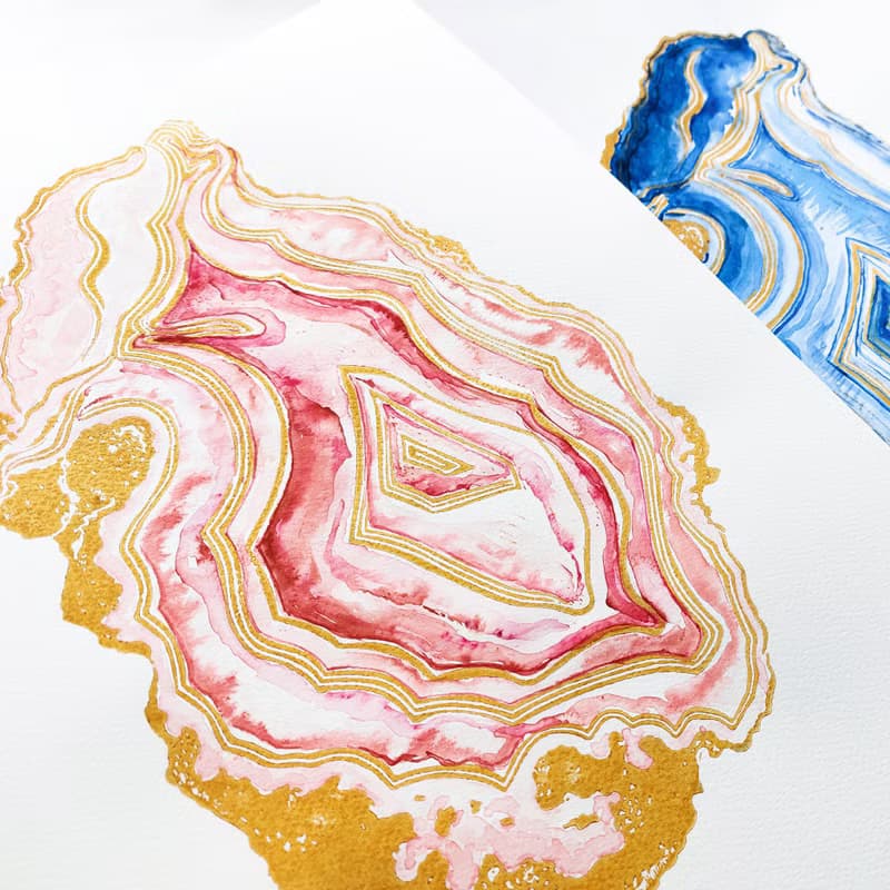 粉紅色 geode Linocut 打印水彩畫原創藝術品瑪瑙牆藝術