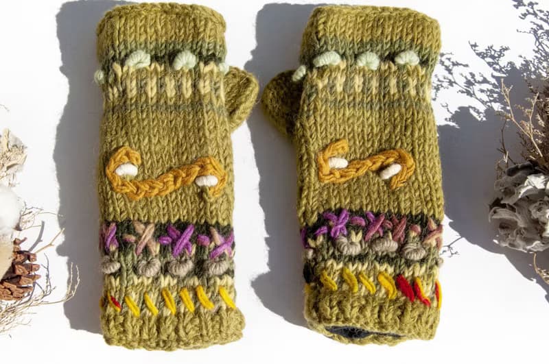 手織純羊毛針織手套/露趾手套/內刷毛手套/保暖手套-立體花朵刺繡