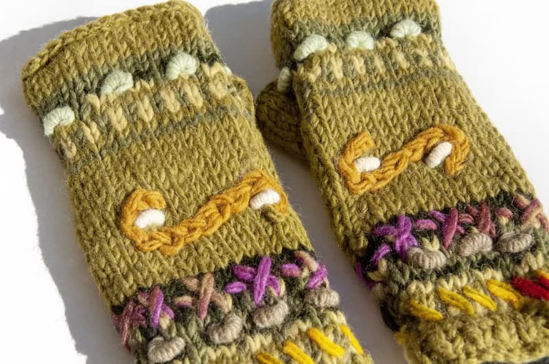 手織純羊毛針織手套/露趾手套/內刷毛手套/保暖手套-立體花朵刺繡