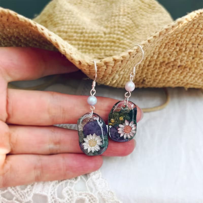 永生花 小小花耳飾 油晝小花圈 耳環 earring UV 樹脂
