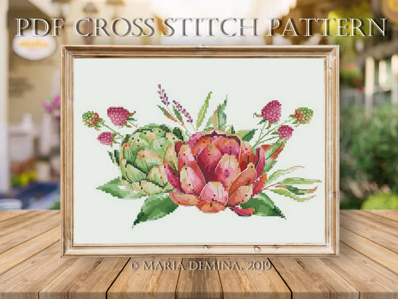 【數位】Raspberry & Artichoke Bouquet II - watercolor PDF cross stitch pattern