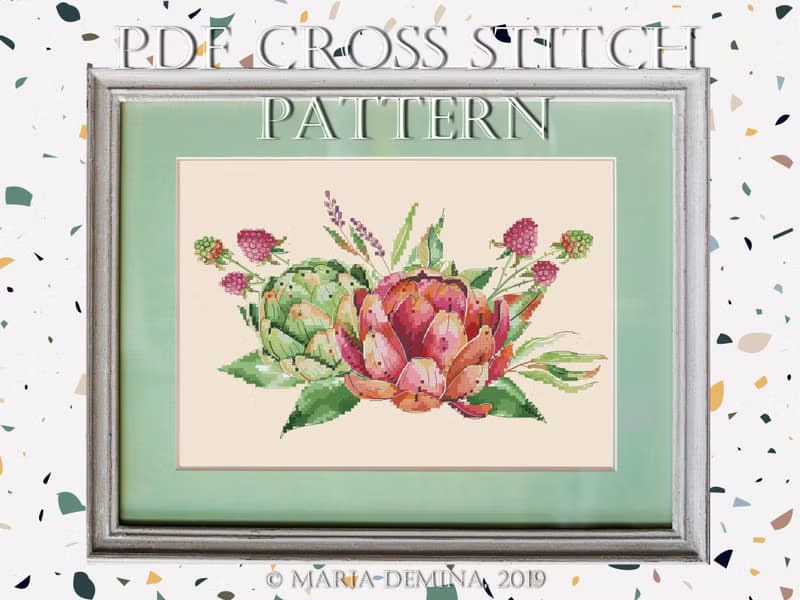 【數位】Raspberry & Artichoke Bouquet II - watercolor PDF cross stitch pattern