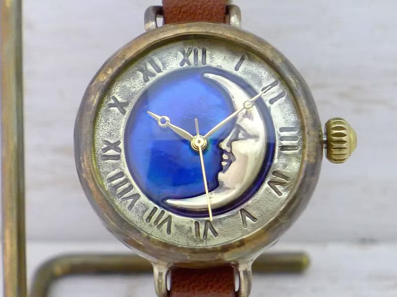 手作り腕時計 CrescentMoon4-MB 三日月ブルー文字盤 ローマ ブレスレット風  (366CM4BL)