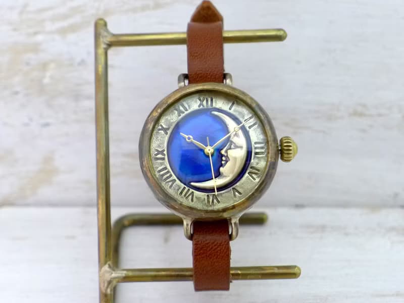 手作り腕時計 CrescentMoon4-MB 三日月ブルー文字盤 ローマ ブレスレット風  (366CM4BL)