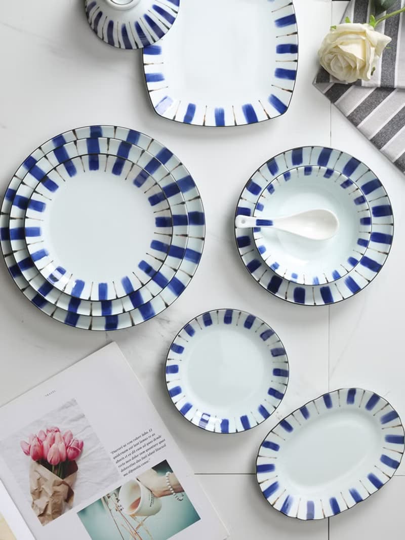 高端日式華彩手繪陶瓷餐具套裝 釉下彩碗盤勺魚盤禮盒