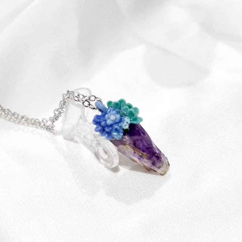軟陶 紫水晶項鏈 天然水晶 森林系 魔法石 鋼 原礦 礦石 手作