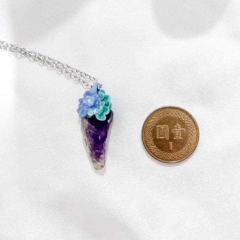軟陶 紫水晶項鏈 天然水晶 森林系 魔法石 鋼 原礦 礦石 手作