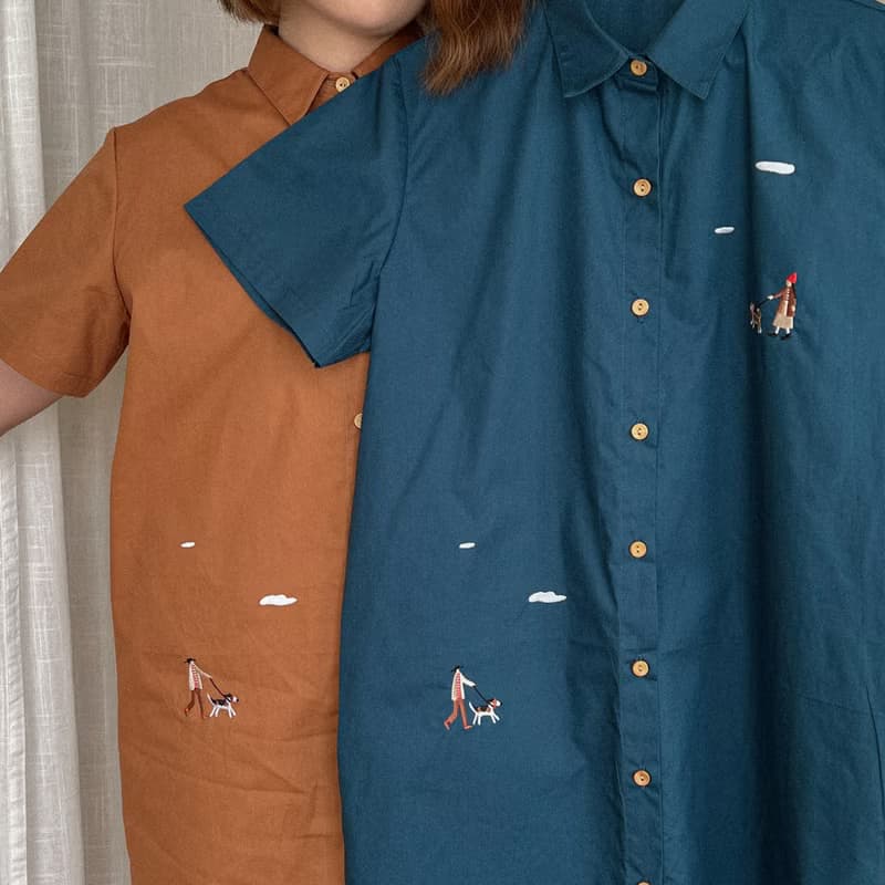 Shirt Dress : 連衣裙  Dog Walking狗 -Brown Cinnamon棕色的