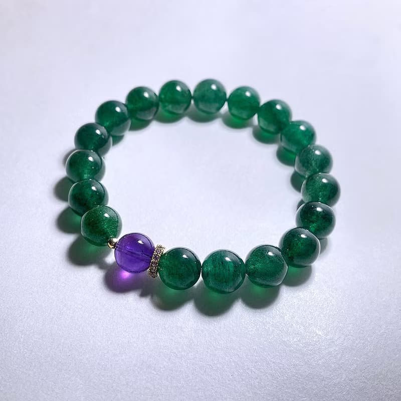 天然礦物 頂級綠草莓晶9.5mm 頂級烏拉圭紫水晶 手鍊