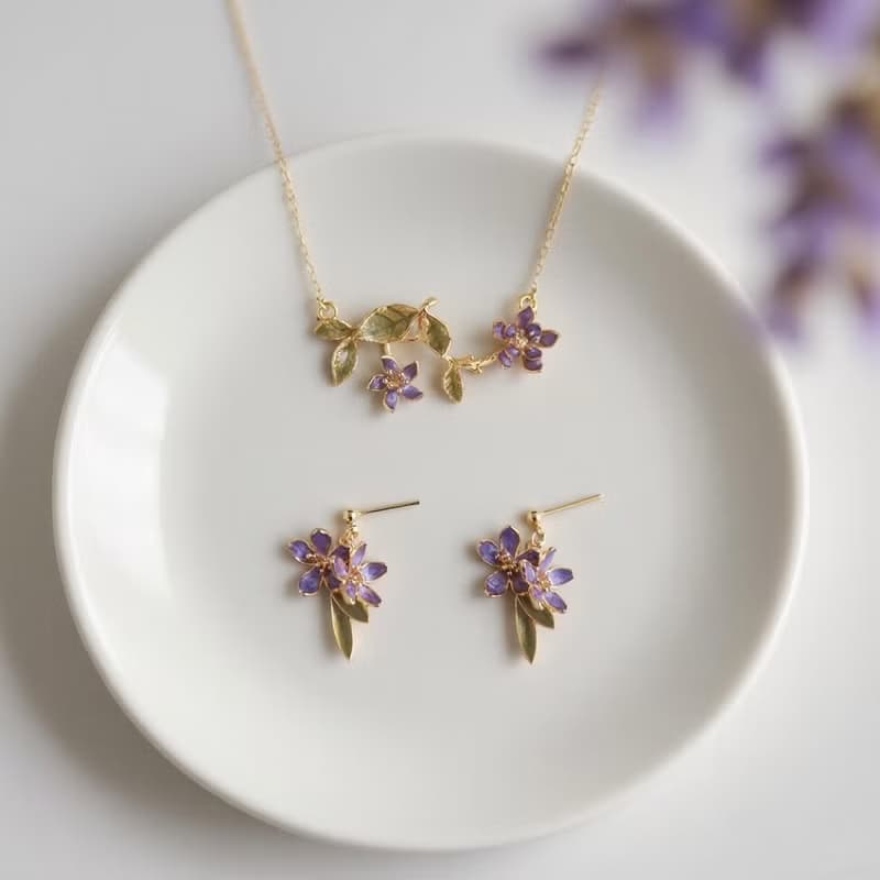 紫蘿枝語 | 18k註金輕奢琺瑯質感小花耳環項鍊