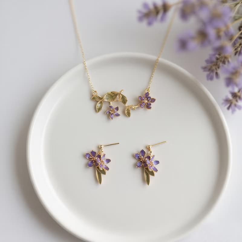 紫蘿枝語 | 18k註金輕奢琺瑯質感小花耳環項鍊