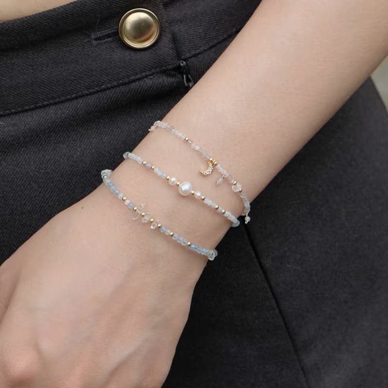 天然石泡泡珍珠系列-海藍寶手鍊 14K 包金