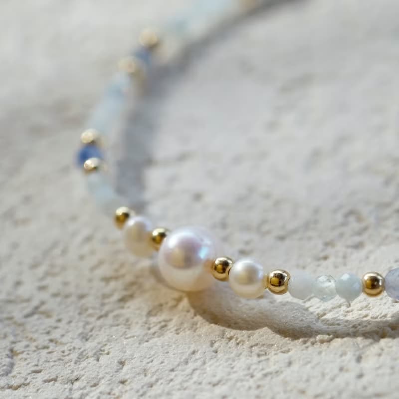 天然石泡泡珍珠系列-海藍寶手鍊 14K 包金