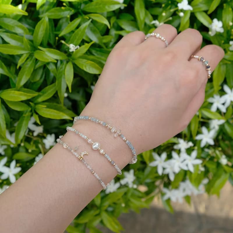 天然石泡泡珍珠系列-海藍寶手鍊 14K 包金