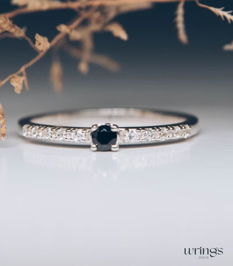 Cute Sapphire Engagement Ring with Dainty White Cubic Zirconia Side Stones