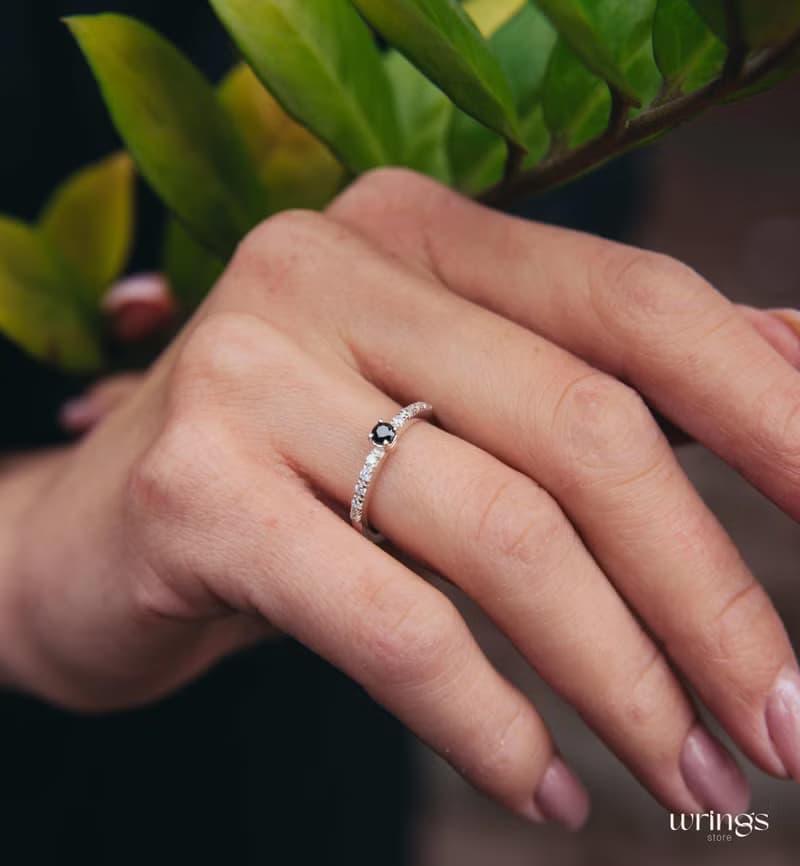Cute Sapphire Engagement Ring with Dainty White Cubic Zirconia Side Stones
