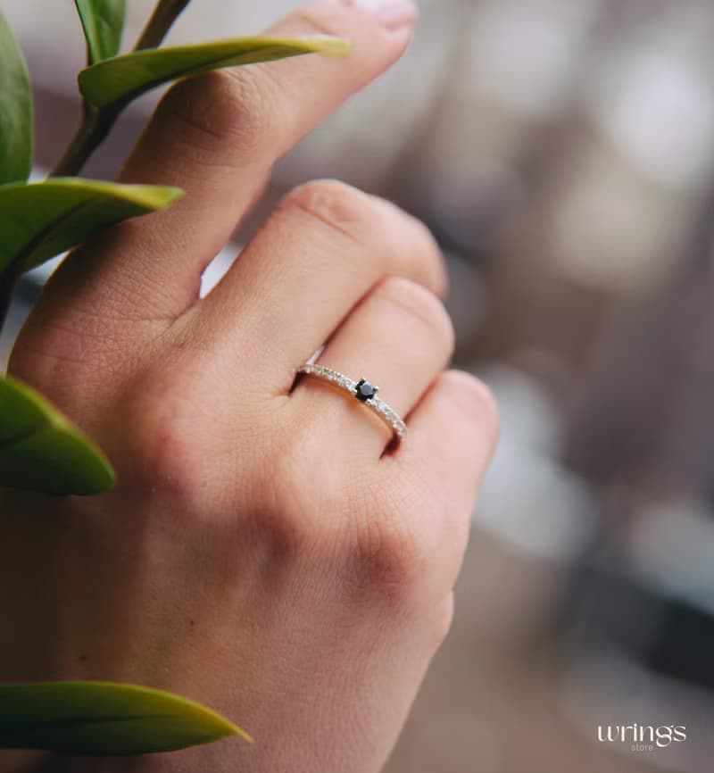 Cute Sapphire Engagement Ring with Dainty White Cubic Zirconia Side Stones
