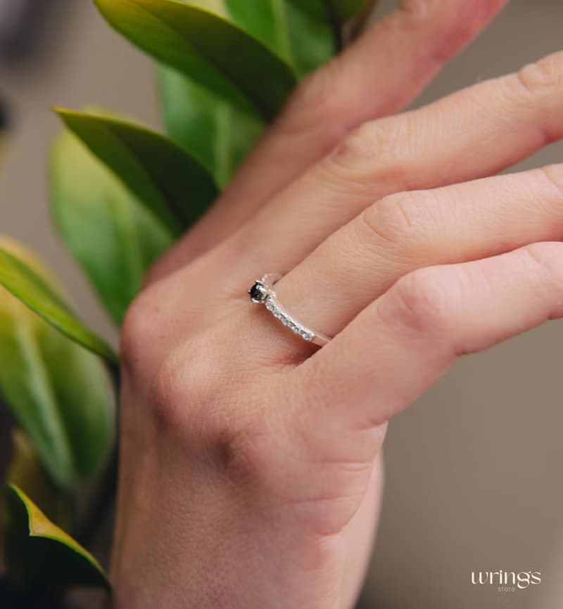 Cute Sapphire Engagement Ring with Dainty White Cubic Zirconia Side Stones