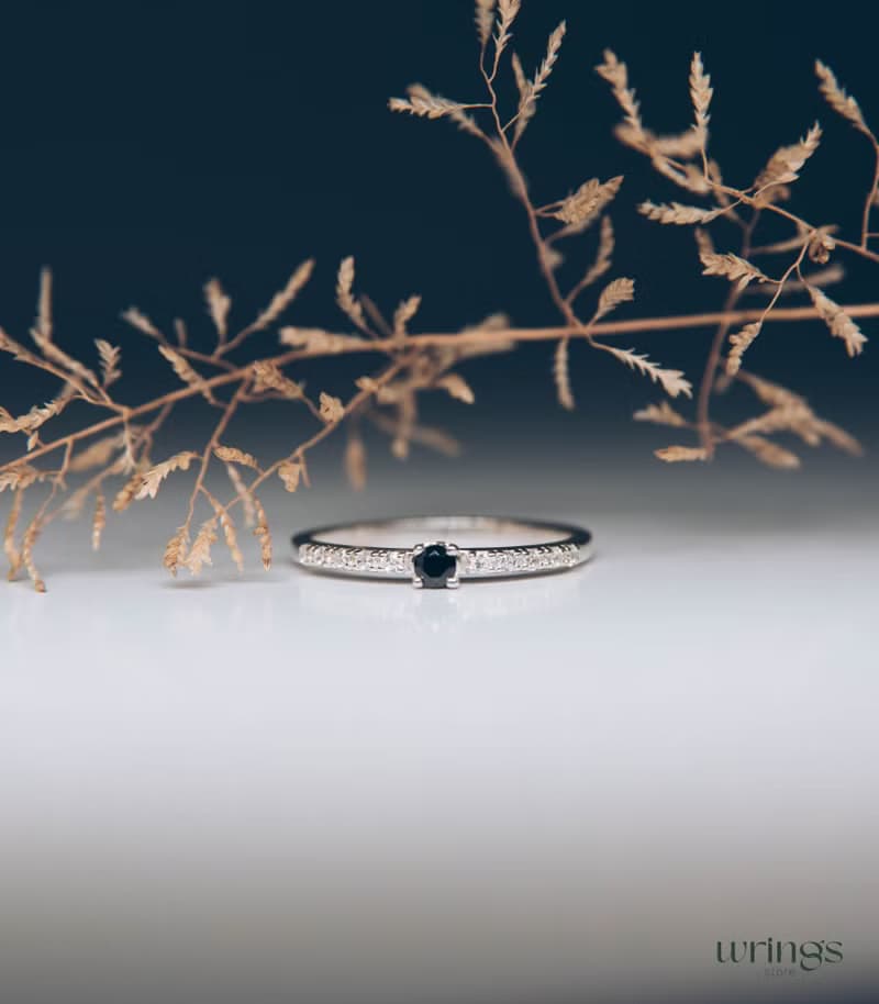 Cute Sapphire Engagement Ring with Dainty White Cubic Zirconia Side Stones