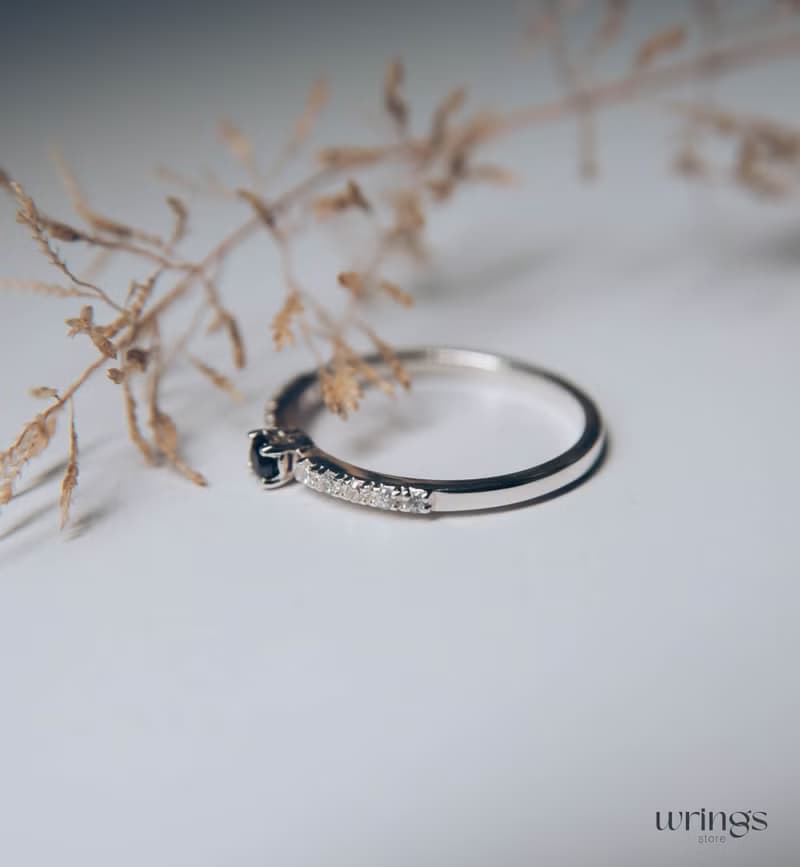 Cute Sapphire Engagement Ring with Dainty White Cubic Zirconia Side Stones