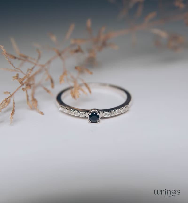 Cute Sapphire Engagement Ring with Dainty White Cubic Zirconia Side Stones