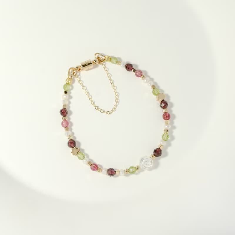 紅色玫瑰花 - 石榴石 粉碧璽 橄欖石 白蝶貝 天然石手鍊