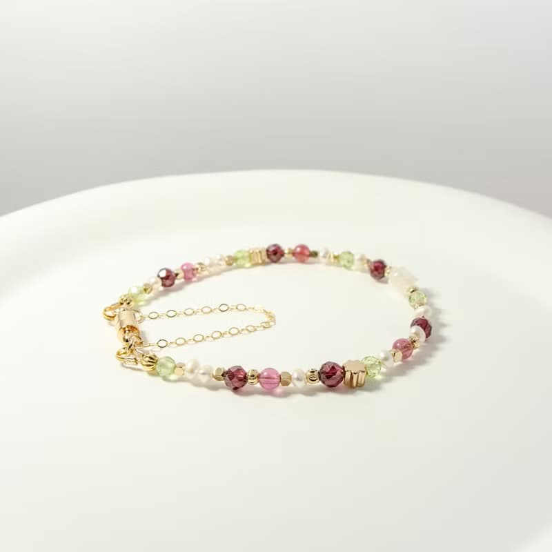 紅色玫瑰花 - 石榴石 粉碧璽 橄欖石 白蝶貝 天然石手鍊