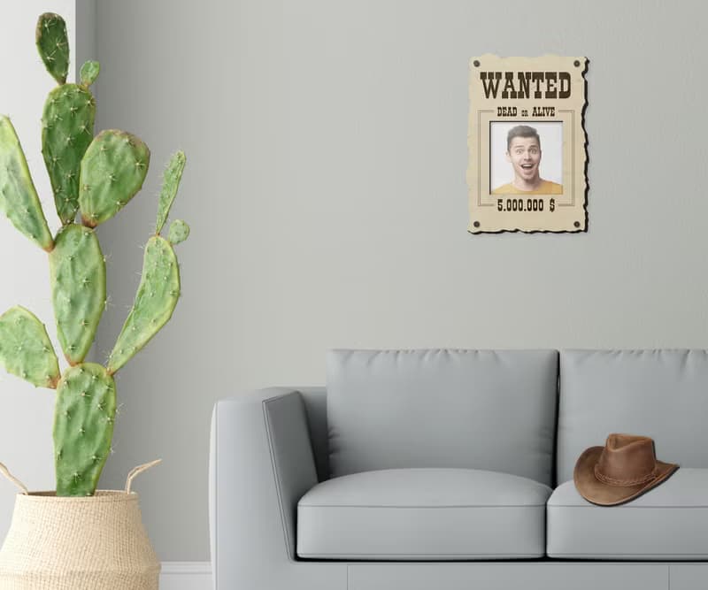 Wooden funny wanted poster Picture frame Dead or Alive Wild West wall decor