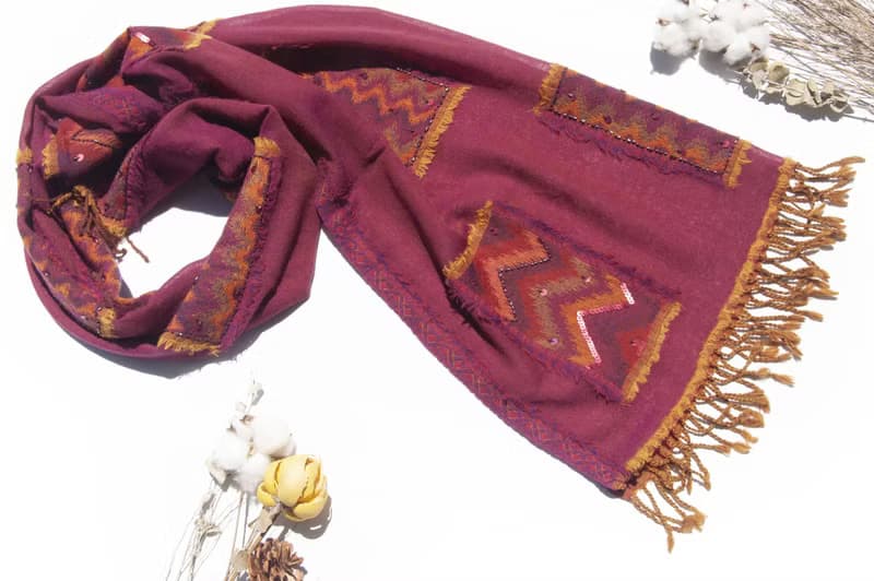 喀什米爾Cashmere/水煮羊毛披肩/針織圍巾/刺繡圍巾/羊絨披巾-花