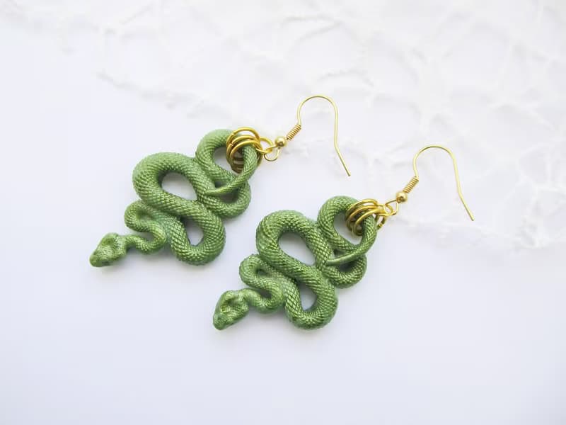 Green snake earrings Python snake clay Witch Animal earrings
