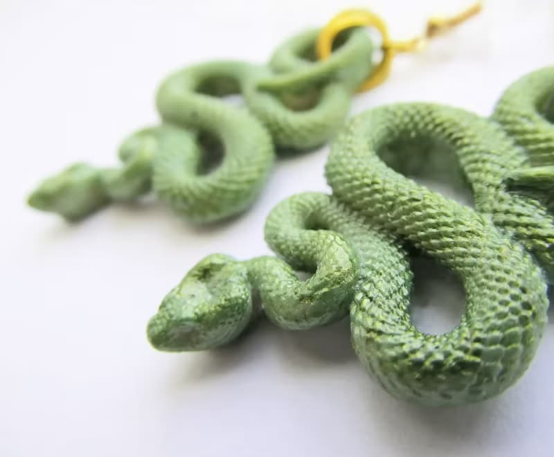 Green snake earrings Python snake clay Witch Animal earrings